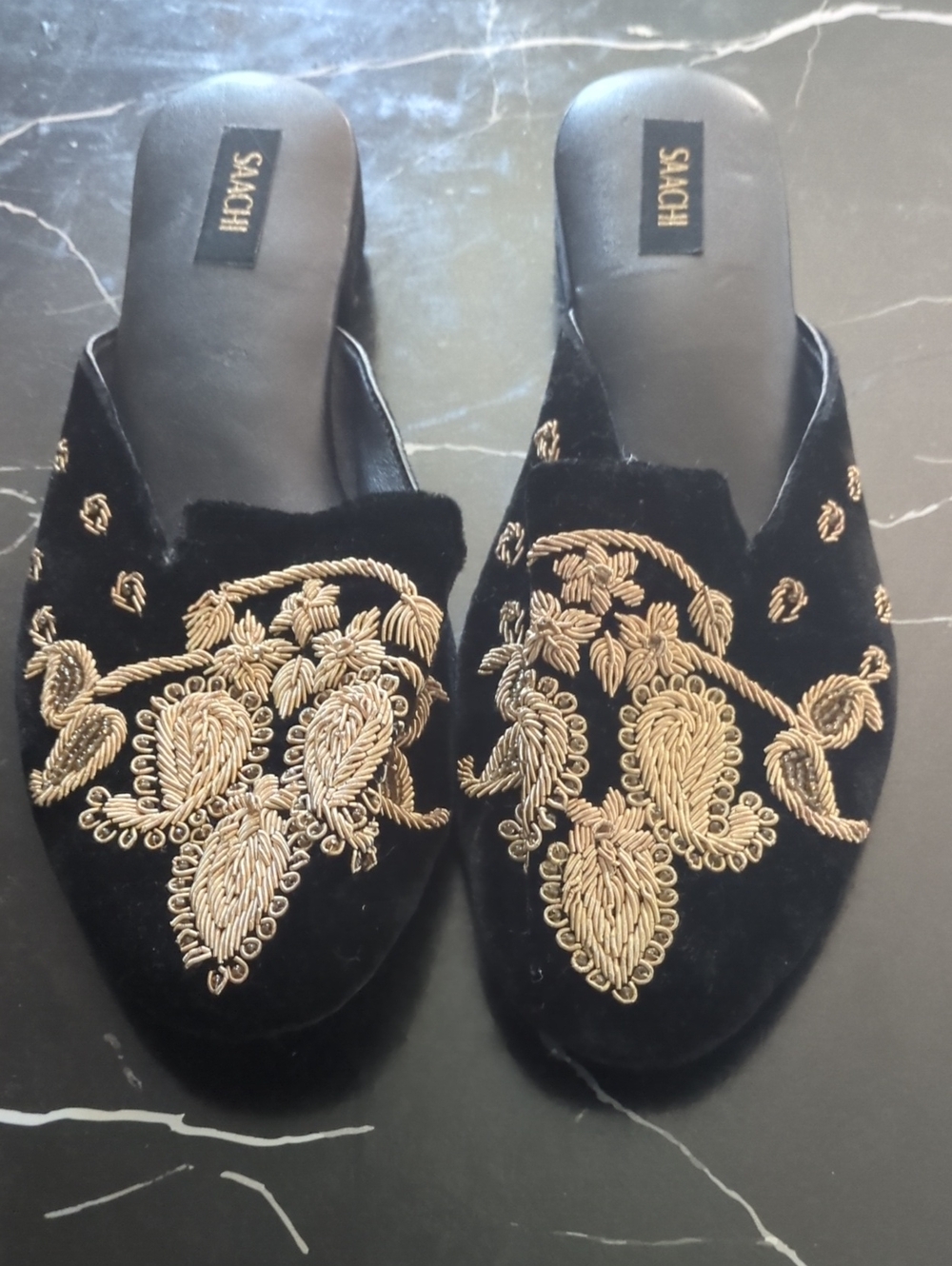 Saachi Black Velvet Slip-On Mules with Gold Embroidery Beading